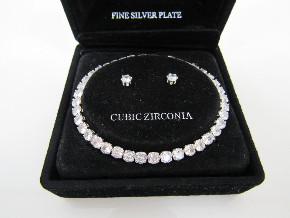 Primavera 7.5" Silver Plate Cubic Zirconia Tennis Bracelet & Earring Set NEW NIB